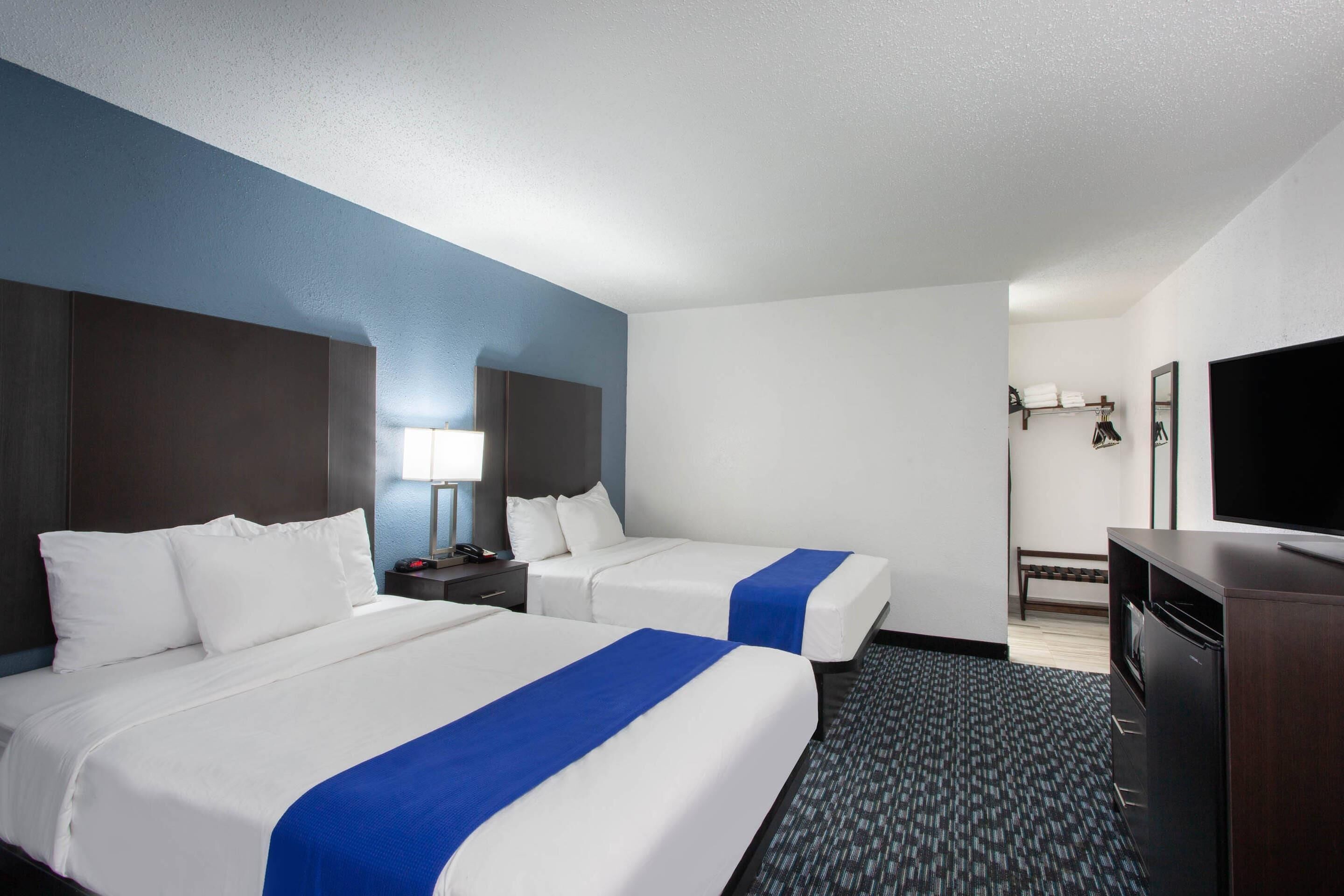 Standard Room, 2 Double Beds, Non Smoking | Desk, laptop workspace, blackout drapes, iron/ironing board