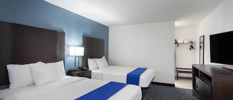 Standard Room, 2 Double Beds, Non Smoking | Desk, laptop workspace, blackout drapes, iron/ironing board