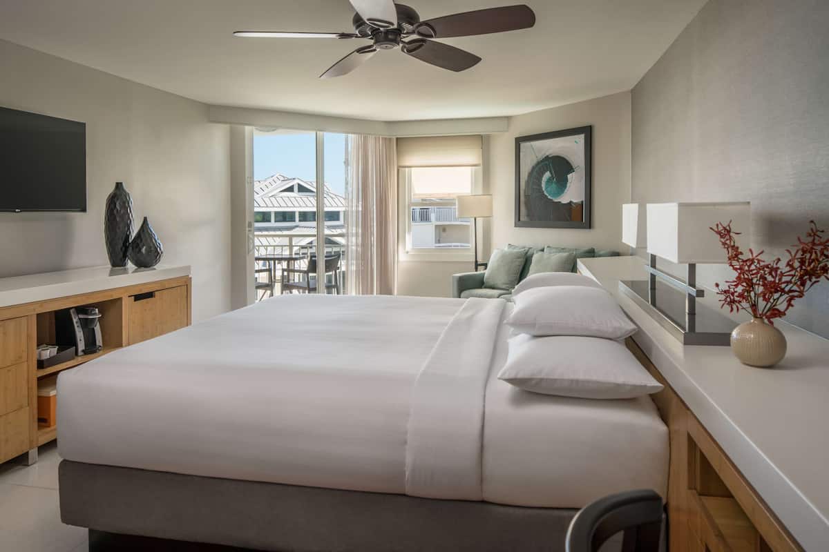 A modern hotel room with a large bed, a ceiling fan, a flat-screen TV, a desk with a lamp, and a view of the outdoors.