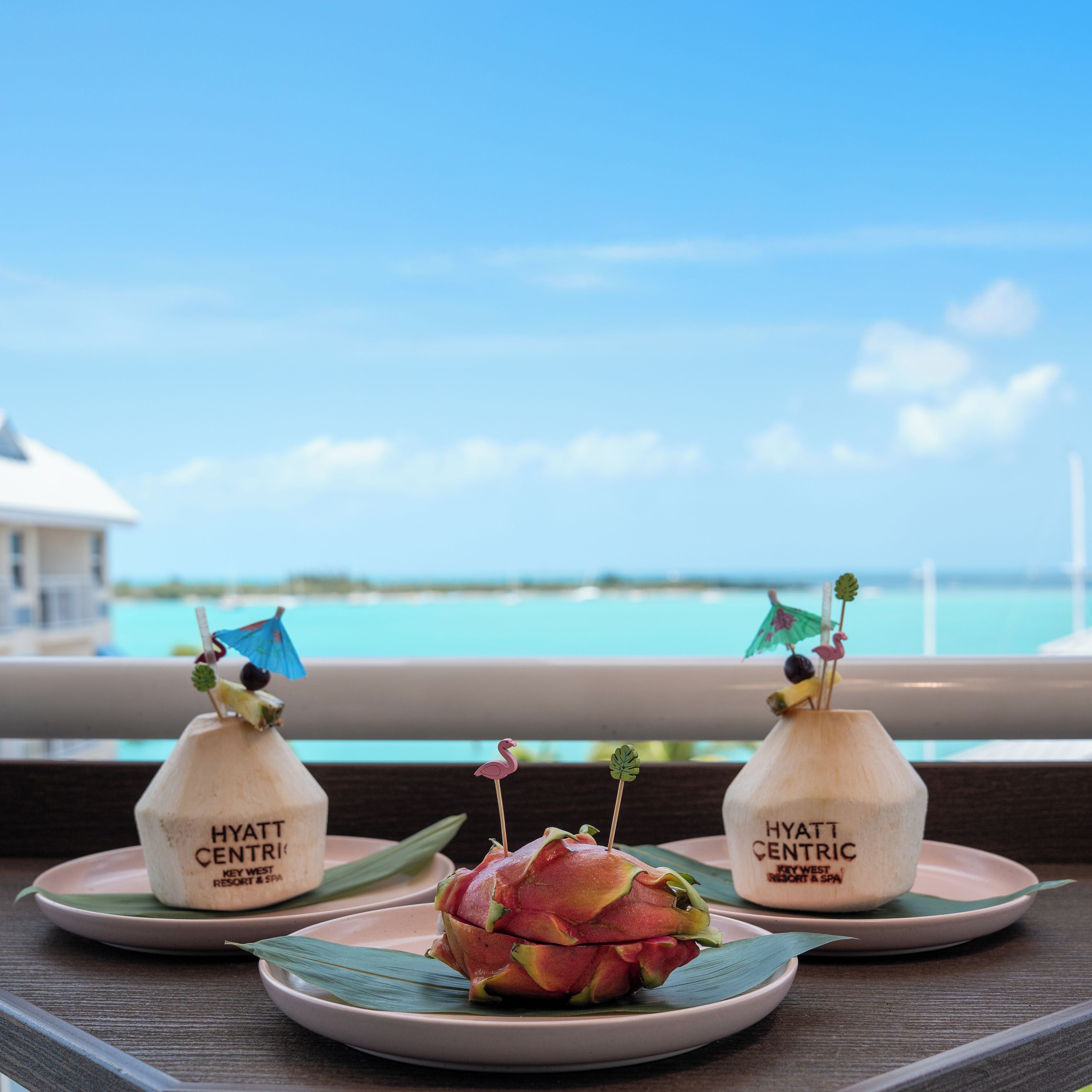 Dos bebidas sobre platos con un centro de pitahaya, frente a una vista del mar y un edificio de hotel.