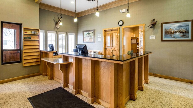 A reception area with a wooden counter, a mounted deer head, and a framed picture on the wall.