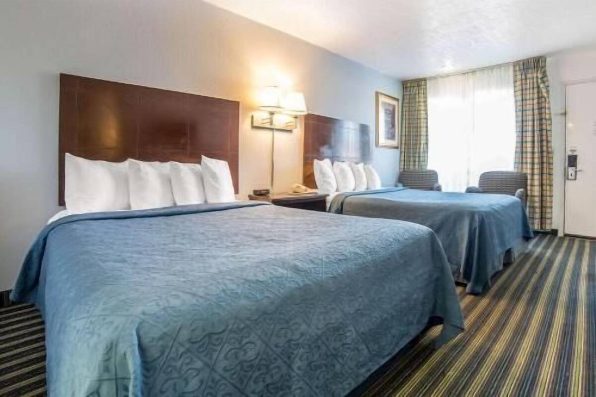 A hotel room with two beds, a nightstand, a lamp, a framed picture, and a window with curtains.