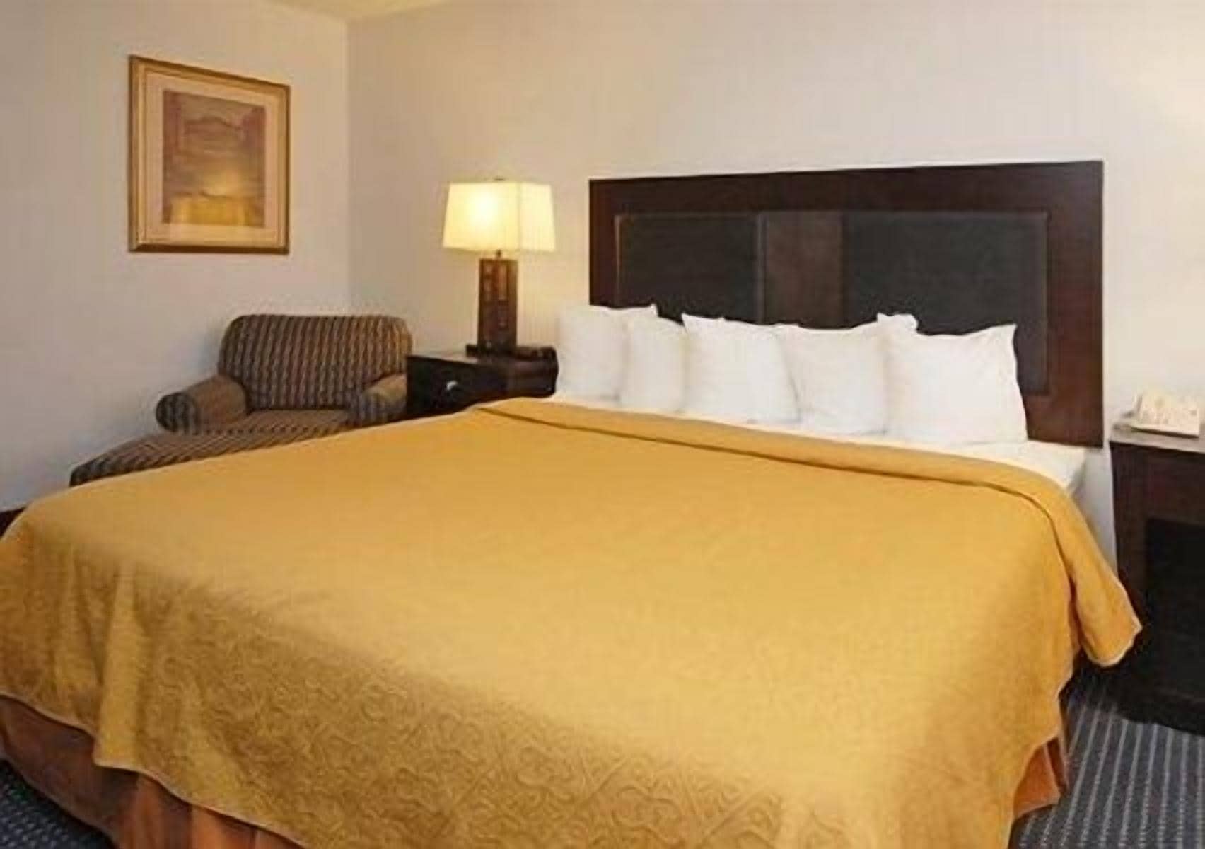 Ein Hotelzimmer mit einem großen Bett, einem Nachttisch, einer Lampe, einem Sessel und einem gerahmten Bild an der Wand.