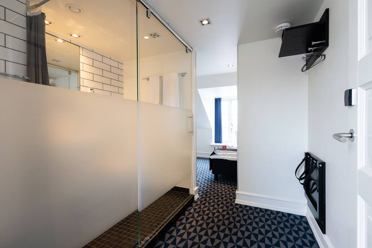 standard room (bed 140 cm) | bathroom | shower, hair dryer, towels