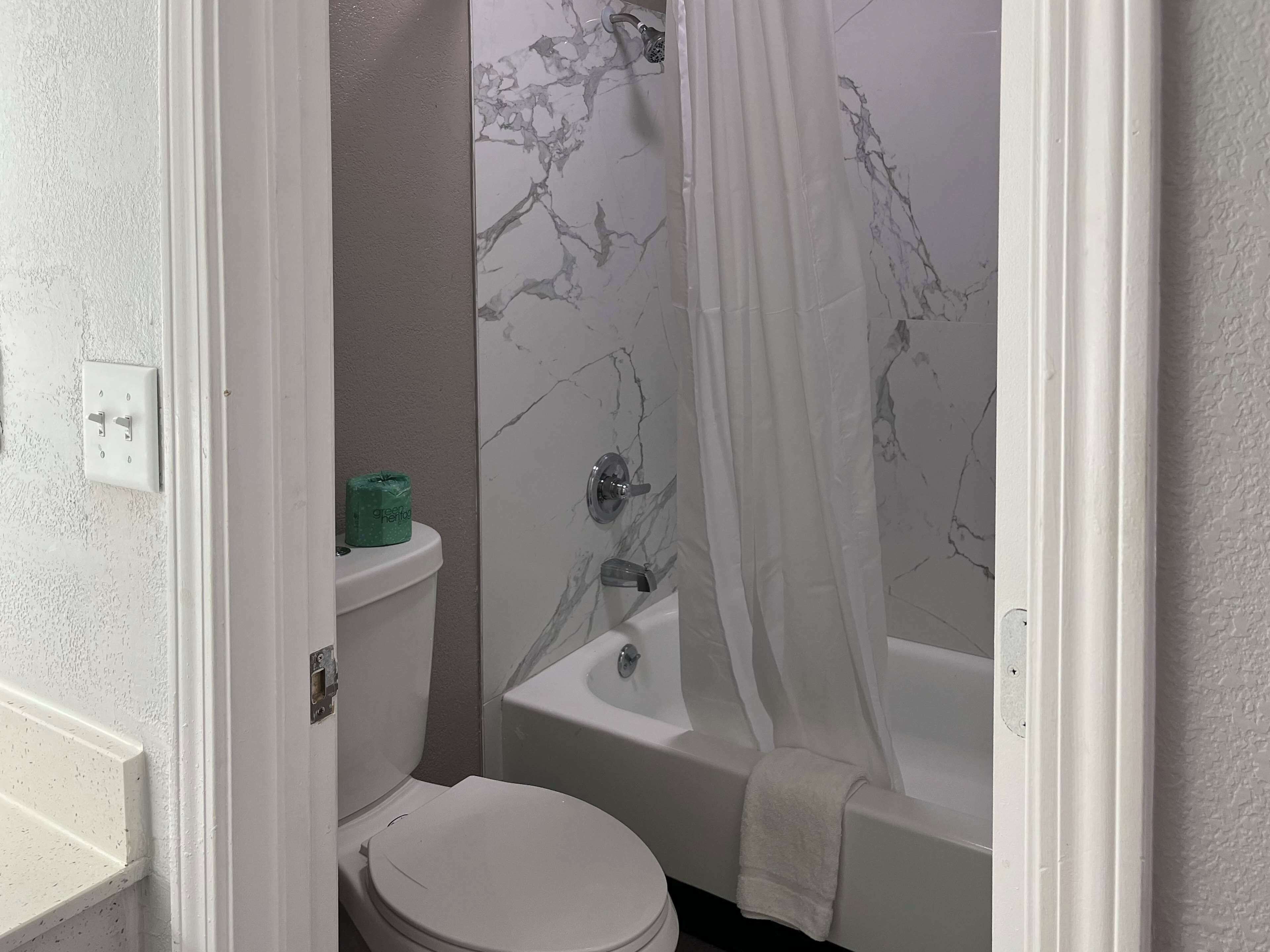 A bathroom with a toilet, a bathtub, and a shower curtain.