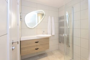 Double Room, Sea View | Bathroom | Shower, eco-friendly toiletries, hair dryer, towels