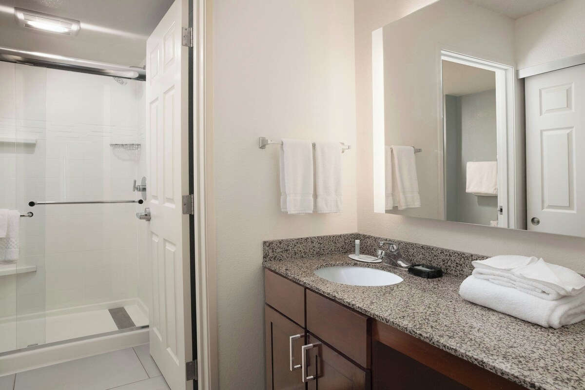 A bathroom with a glass shower enclosure, a granite countertop sink, and a large mirror.