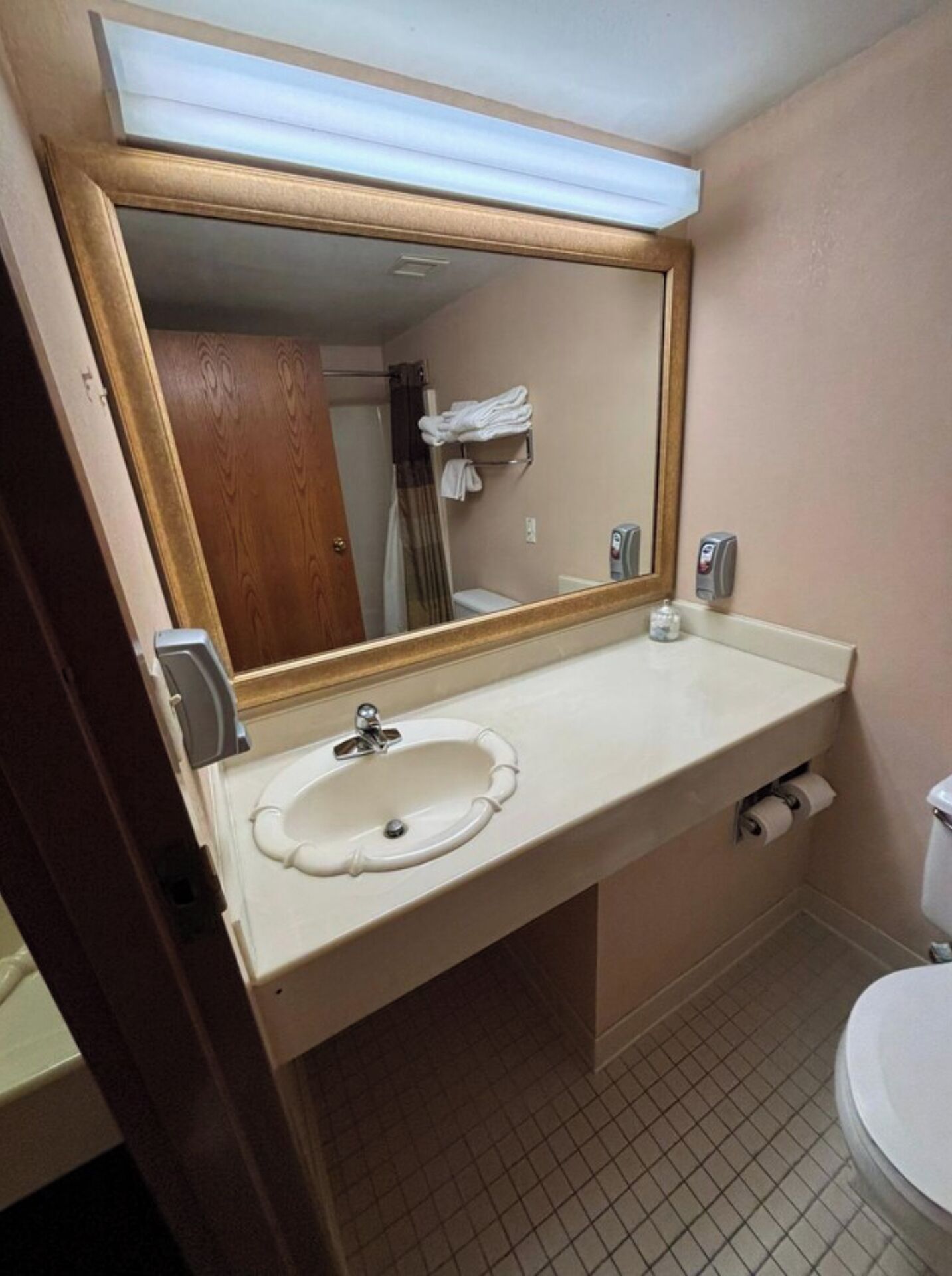 A bathroom with a white sink, a large mirror, and a toilet.