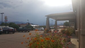 A parking lot with a Burger King, a building with a sign for Royal Gorge Inn, and a flower bed with various flowers. - Budget Host Royal Gorge Inn (Canon City)