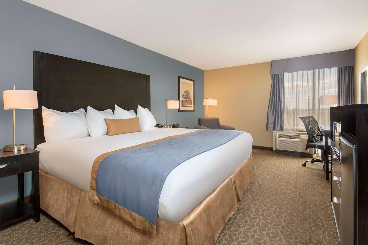 A hotel room with a large bed, a desk, a chair, a TV, and a window with curtains.