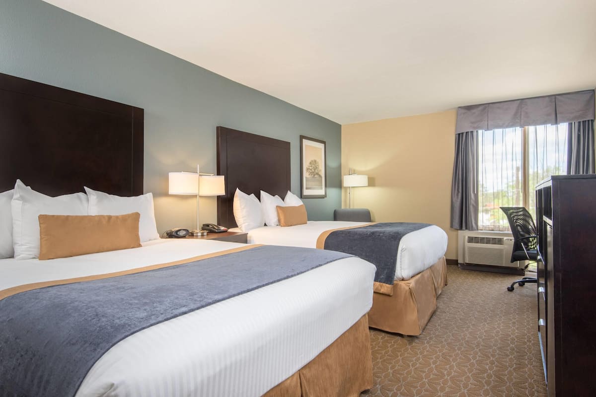 A hotel room with two beds, a desk, a chair, a TV, and a window with curtains.