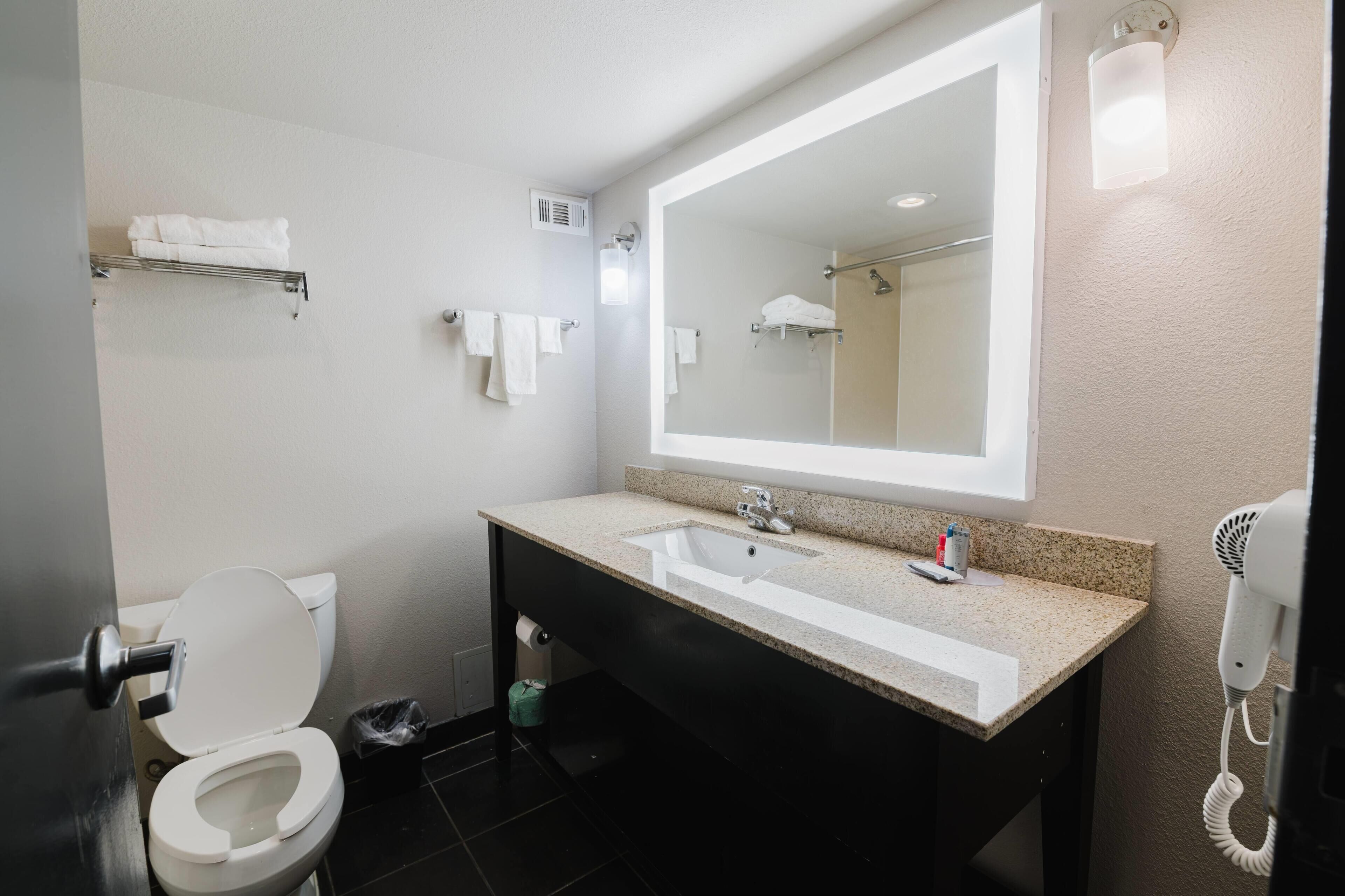 Un baño de hotel con inodoro, lavamanos, espejo, toallero y secador de pelo.