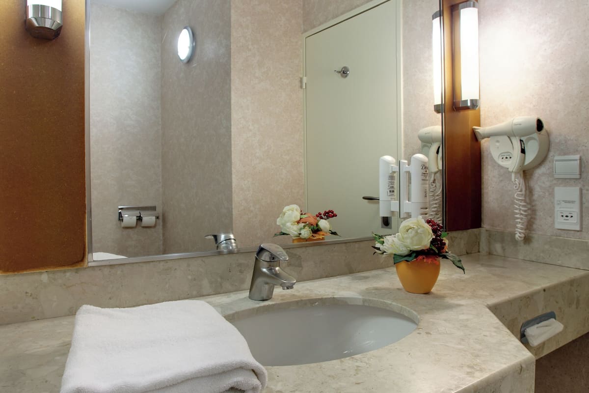 free toiletries, hair dryer, bathrobes, towels