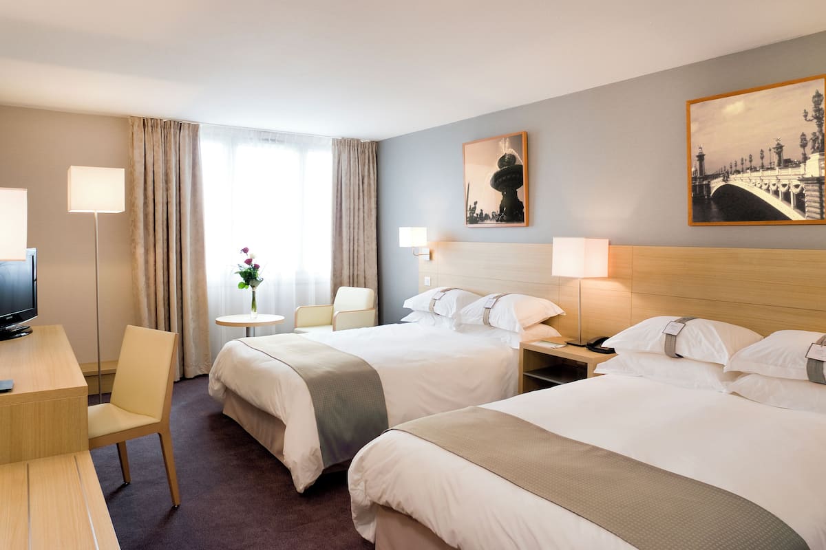 desk, laptop workspace, blackout curtains, iron/ironing board