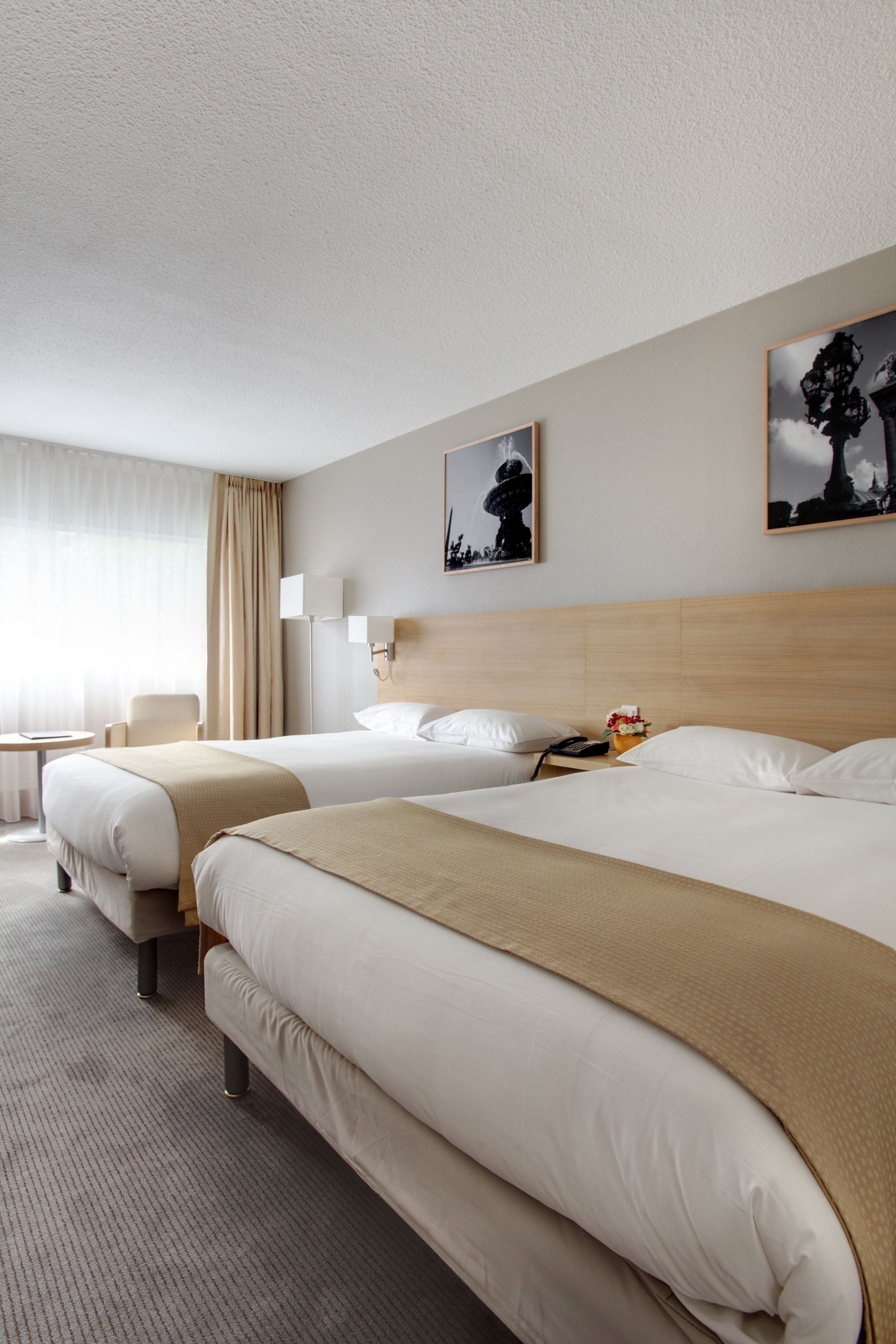 desk, laptop workspace, blackout curtains, iron/ironing board