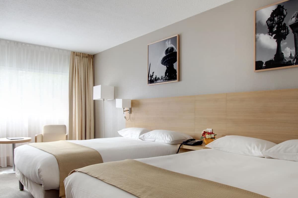 desk, laptop workspace, blackout curtains, iron/ironing board