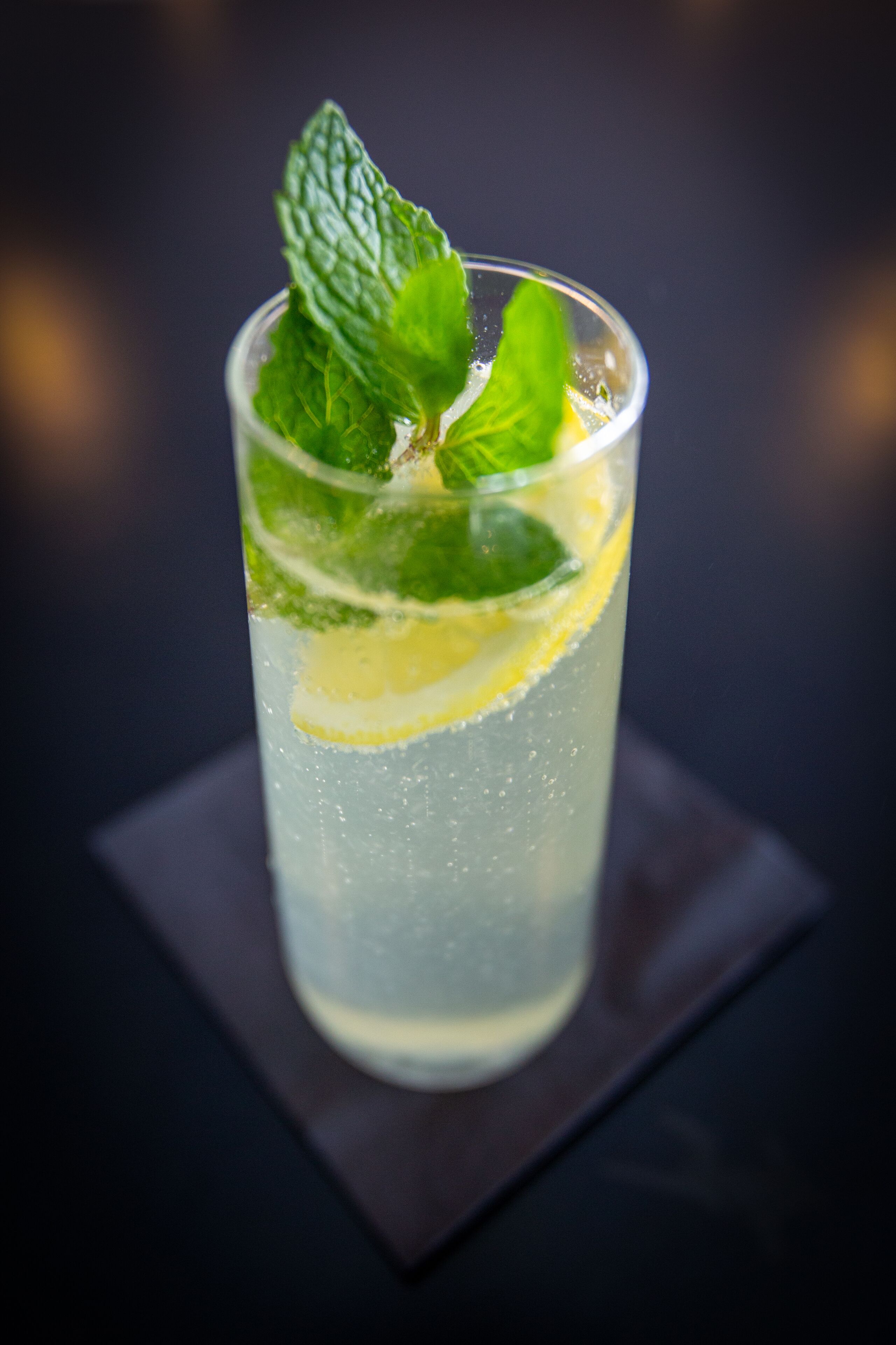 Un vaso transparente con una bebida, adornado con hojas de menta y rodajas de limón, sobre una superficie oscura.