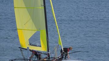 A sailboat with a yellow sail and 'FOX' branding on the hull.