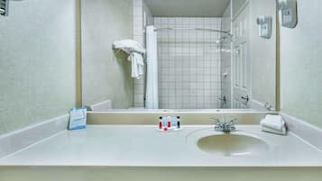 Eco-friendly toiletries, hair dryer, towels
