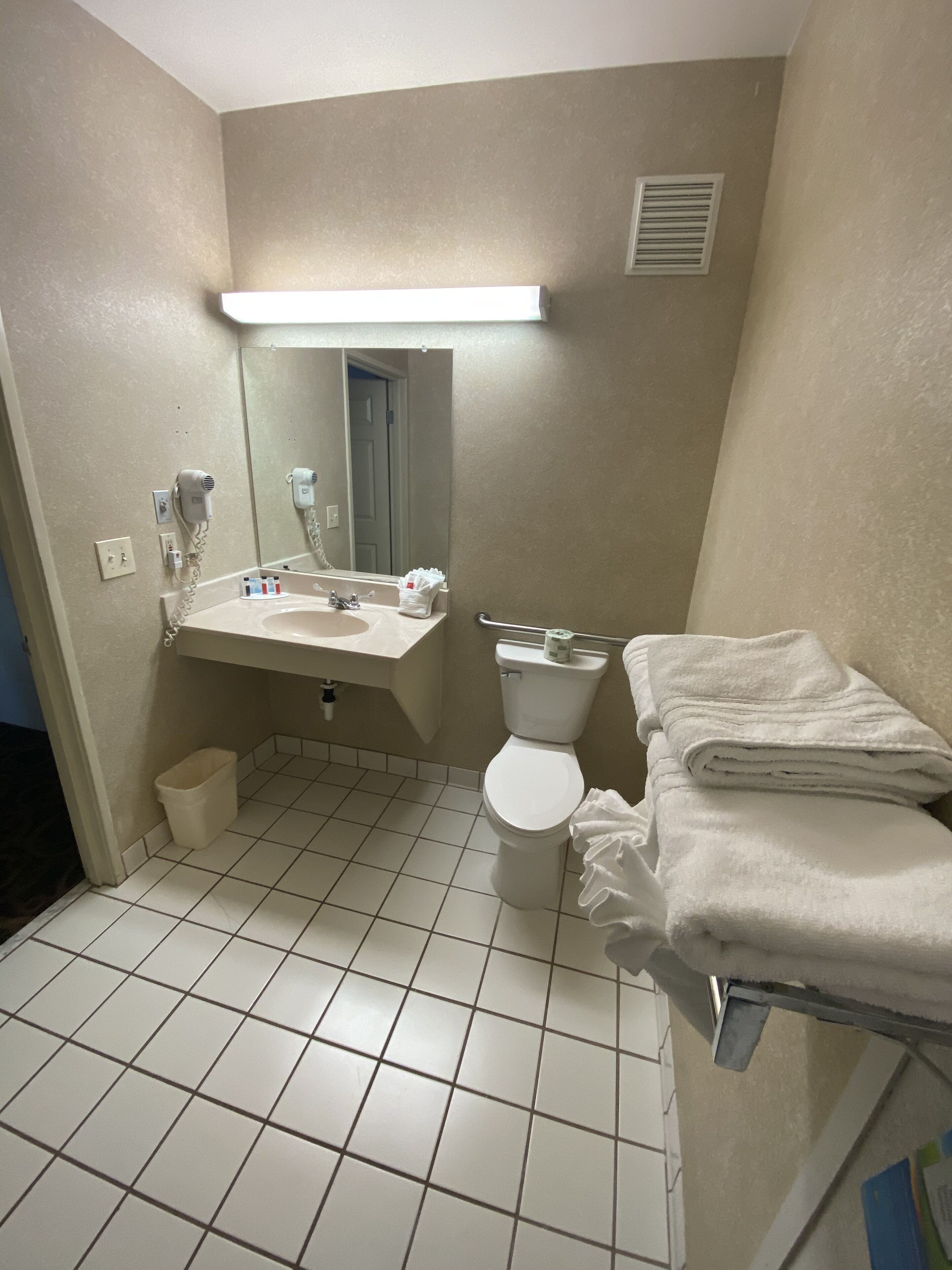 A bathroom with a sink, mirror, toilet, and a towel rack.