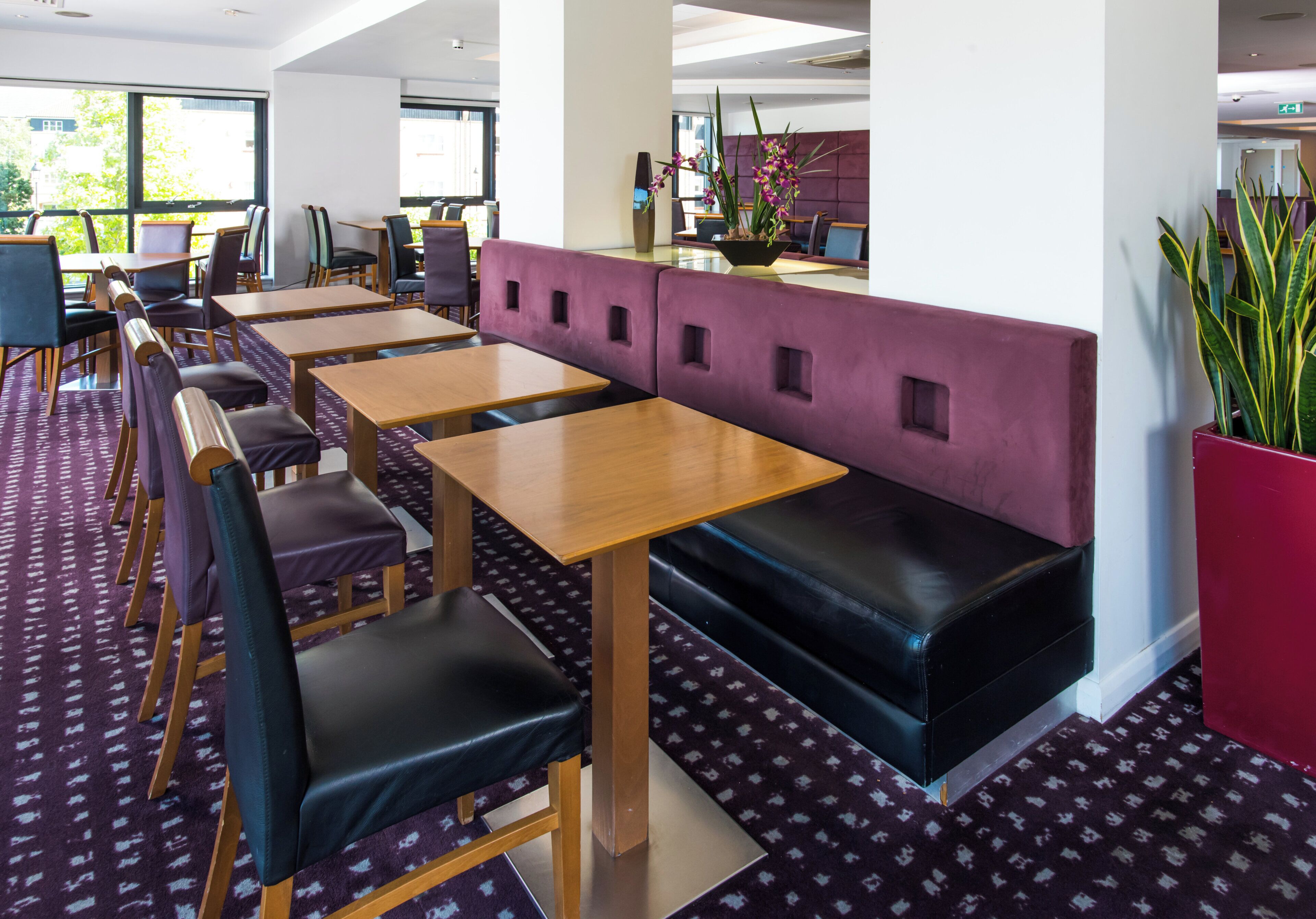A seating area with tables and chairs, a purple cushioned bench, and a potted plant.
