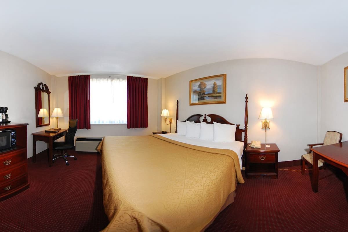 A hotel room with a large bed, a desk, a chair, a dresser, and a television.