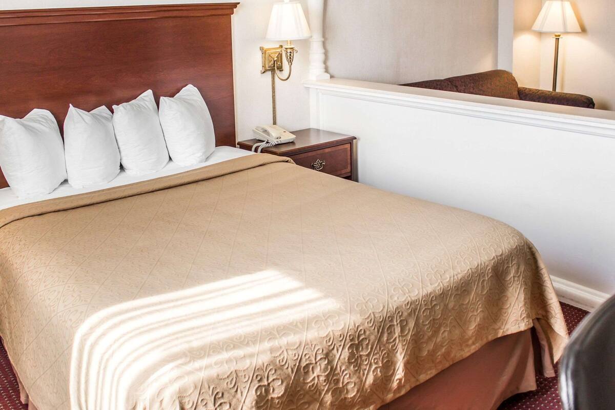 A hotel room with a large bed, a wooden headboard, a bedside table with a lamp, and a telephone.