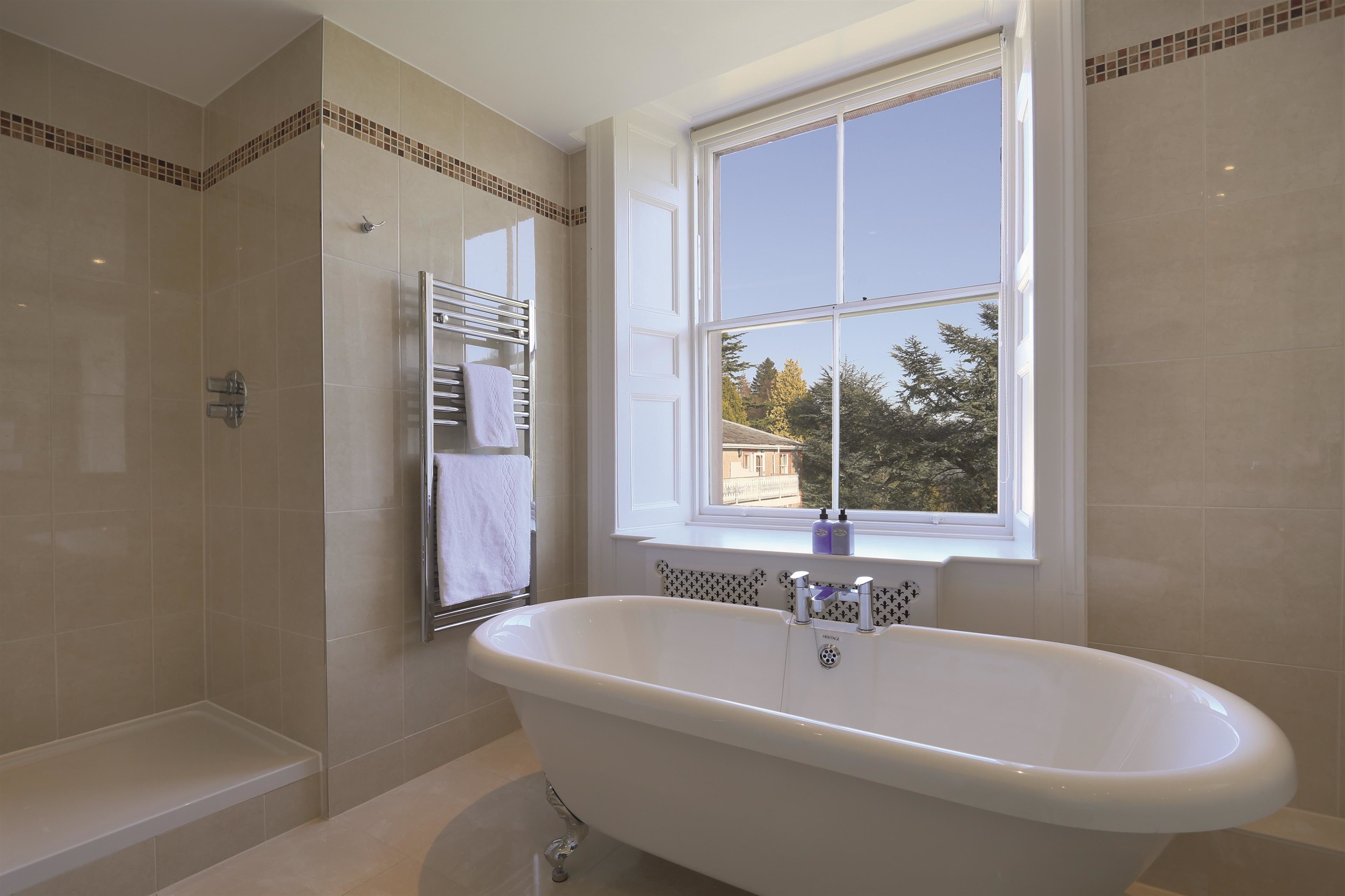 shower, eco-friendly toiletries, hair dryer, towels