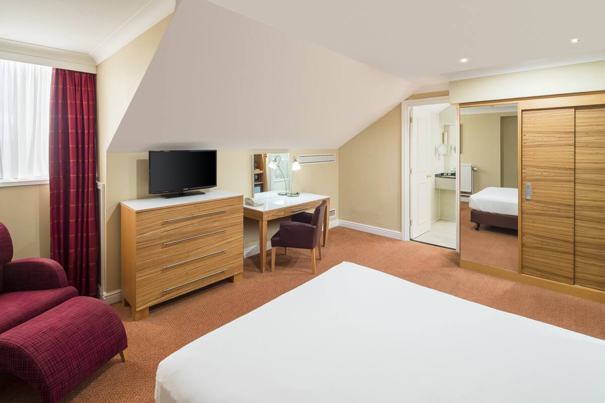 Une chambre d’hôtel comprenant un lit, un bureau avec un ordinateur, une télévision, une armoire et un miroir.