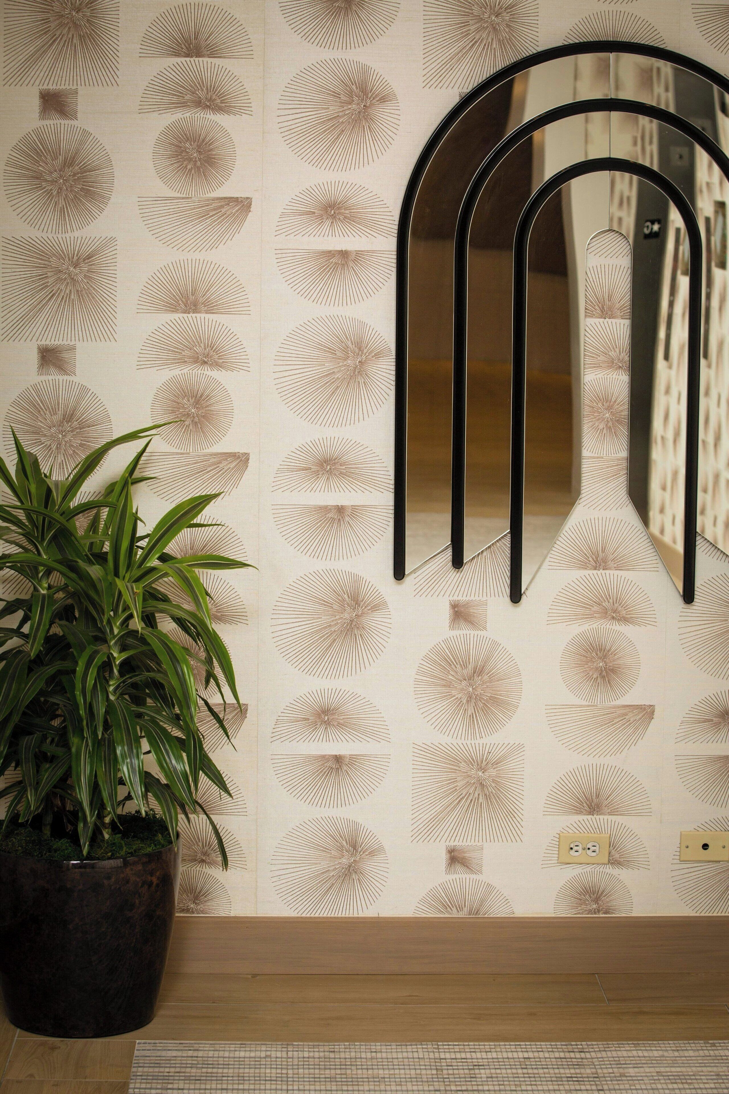 A wall with a geometric pattern, a potted plant, and a mirror with a black frame.