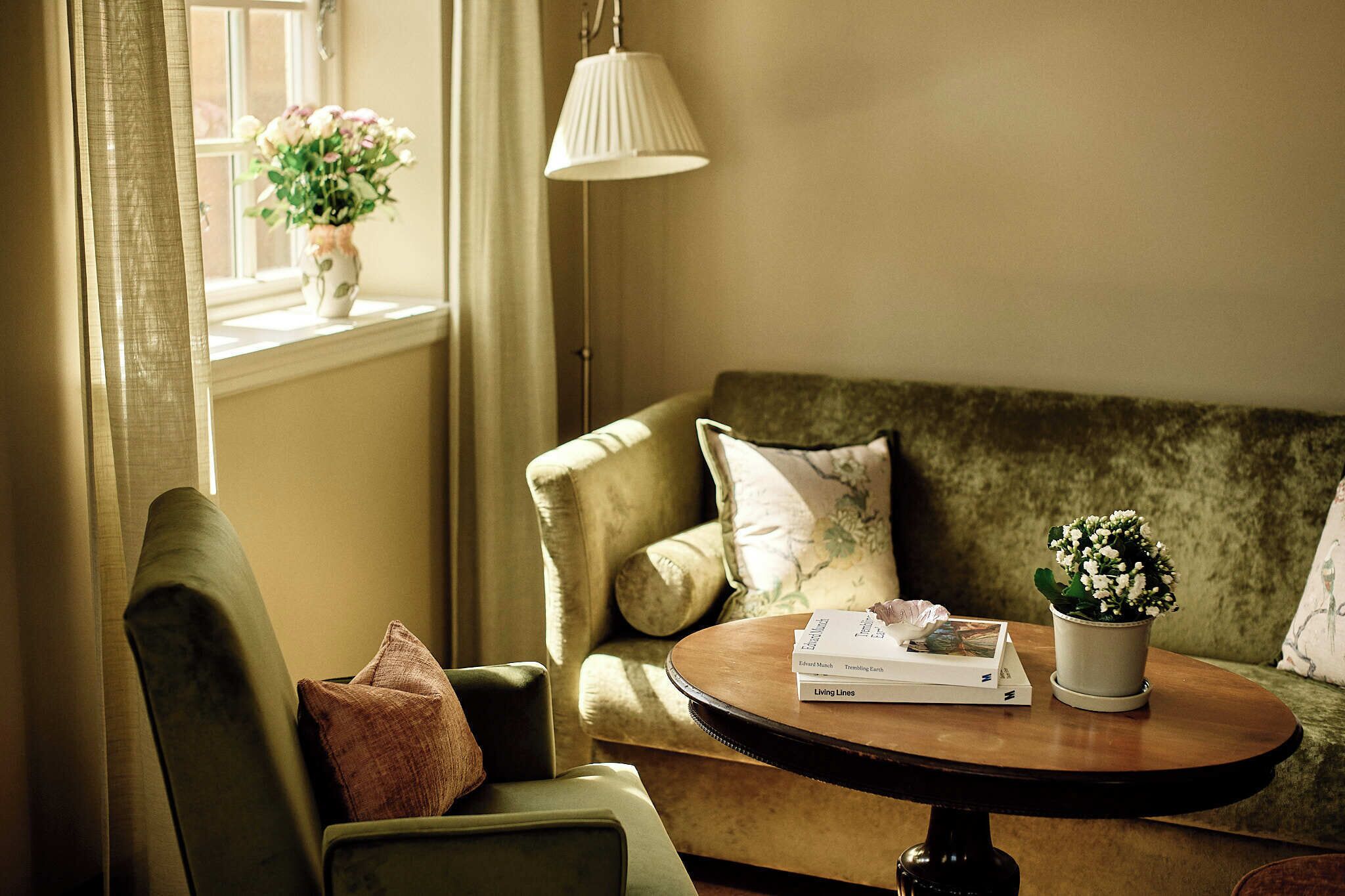 A cozy living room with a green sofa, a round wooden coffee table, and a potted plant.