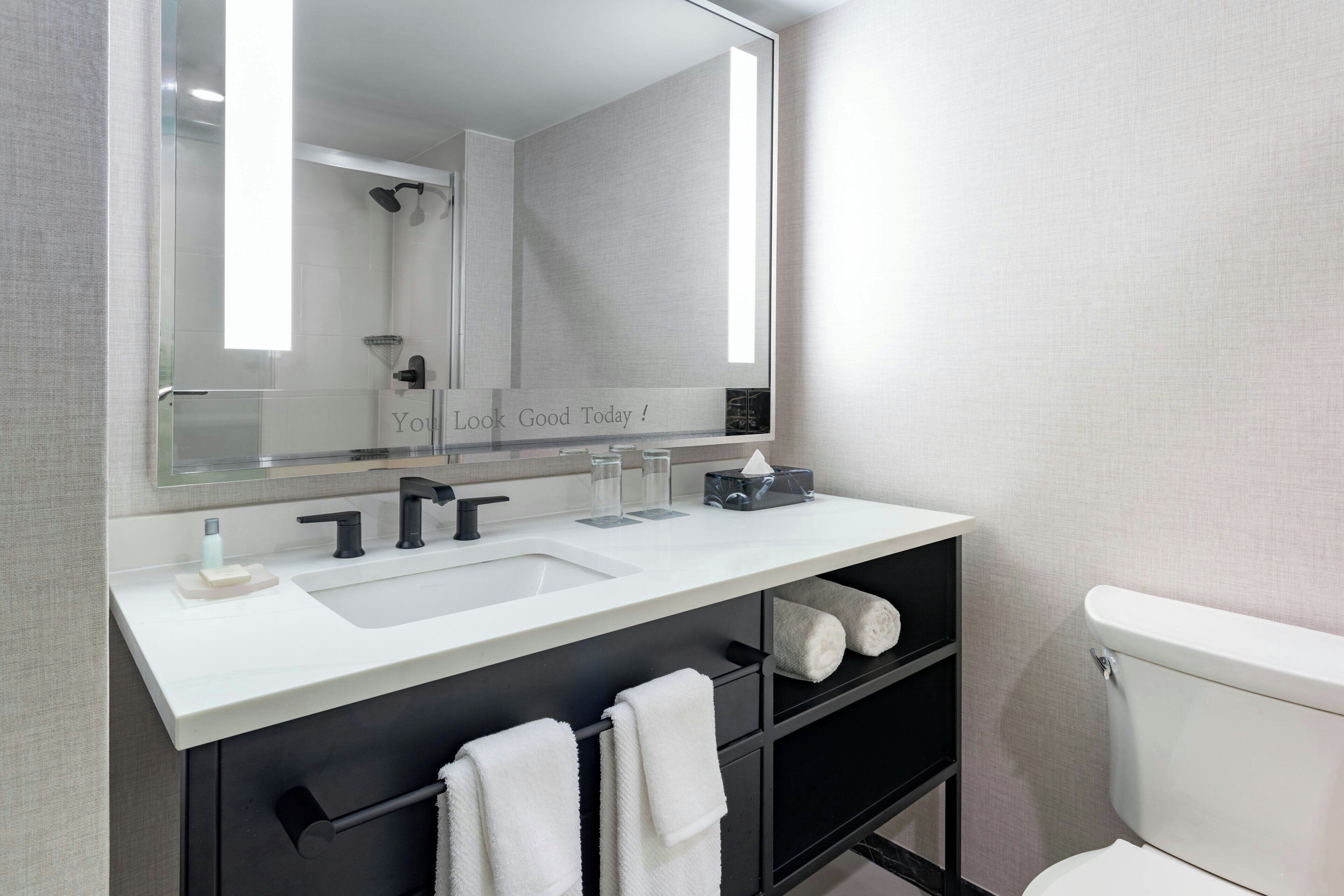 combined shower/bathtub, free toiletries, hair dryer, bathrobes