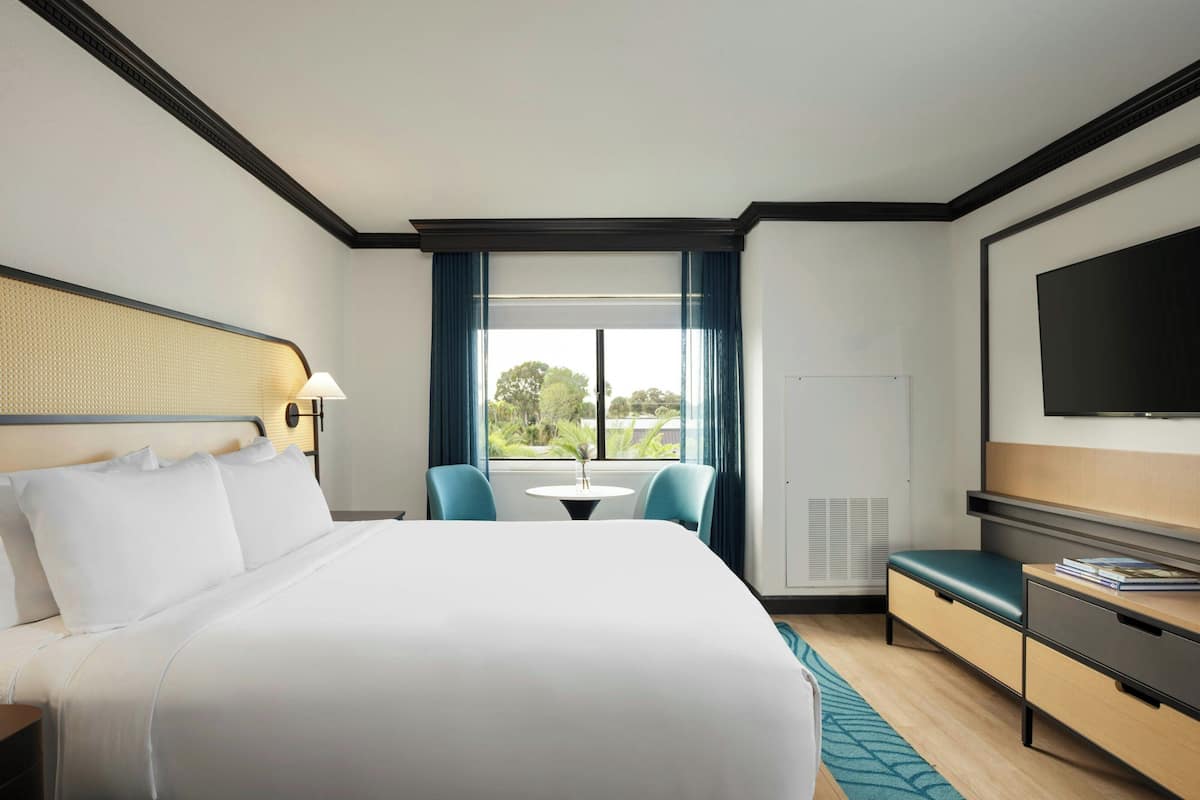 A hotel room with a large bed, a desk, a chair, a TV, and a window with curtains.