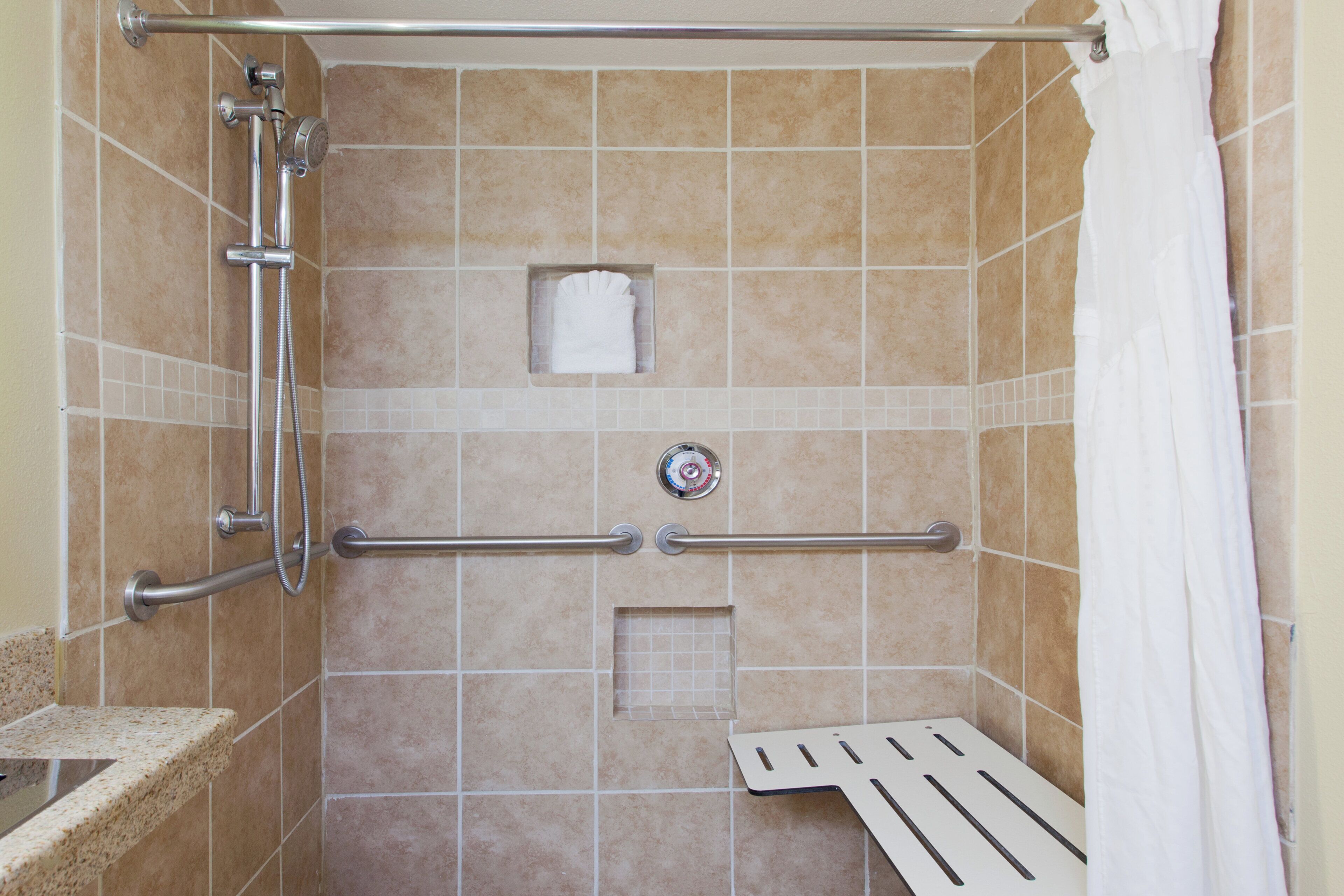 A shower area with a grab bar, a towel rack, and a showerhead.