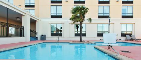 Una piscina con una palmera, sillas de descanso y un edificio con varias ventanas al fondo.