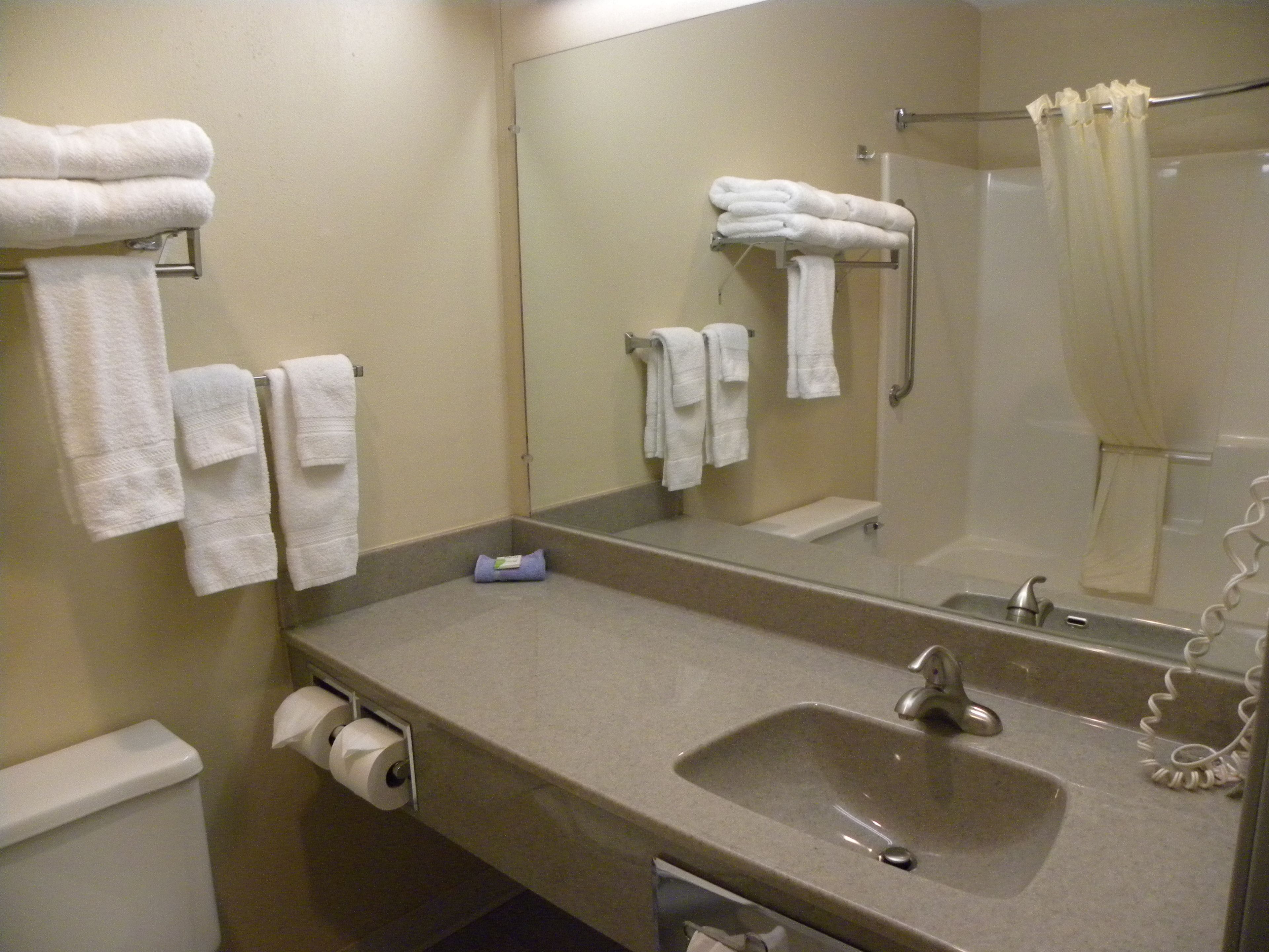 A bathroom with a sink, mirror, and multiple towels on towel racks.