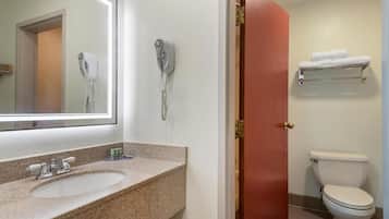 Une salle de bain équipée d’un lavabo, d’un miroir, d’un sèche-cheveux et de toilettes.