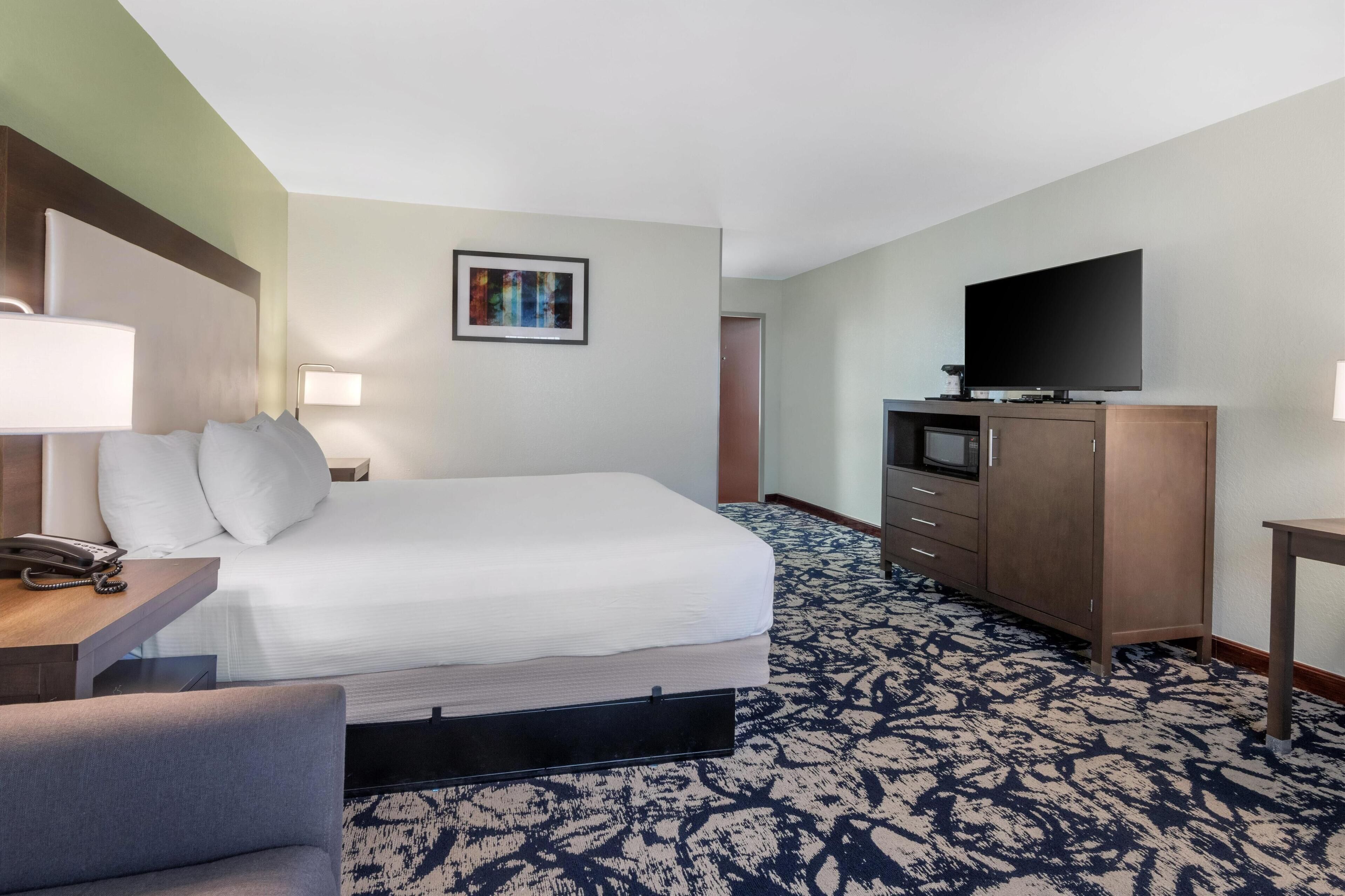 Een hotelkamer met een bed, een bureau met telefoon, een televisie op een kast en een kamerbreed tapijt met een patroon.
