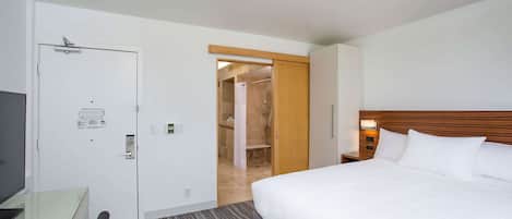 A hotel room with a bed, a desk, a TV, a wardrobe, and a bathroom visible through an open door.
