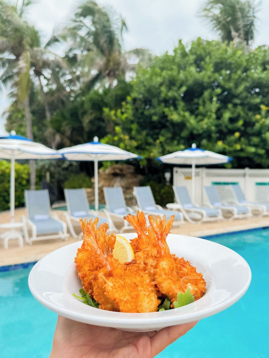 Eine Hand hält einen Teller mit frittierten Garnelen und einem Limettenschnitz. Im Hintergrund ist ein Pool mit Liegestühlen zu sehen.