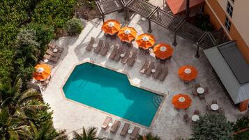 Una piscina al aire libre, sombrillas, sillones reclinables de piscina