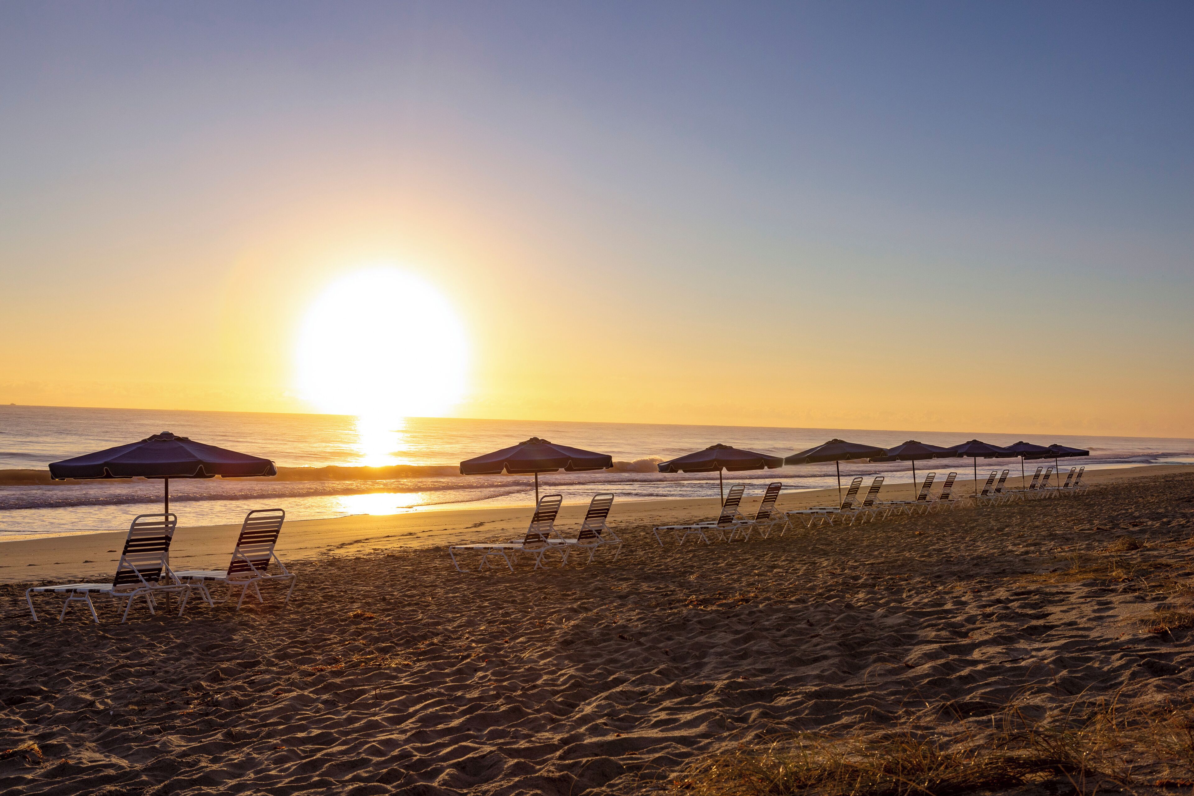 A beach with rows of sun loungers and umbrellas, a clear sky, and the sun setting over the ocean.