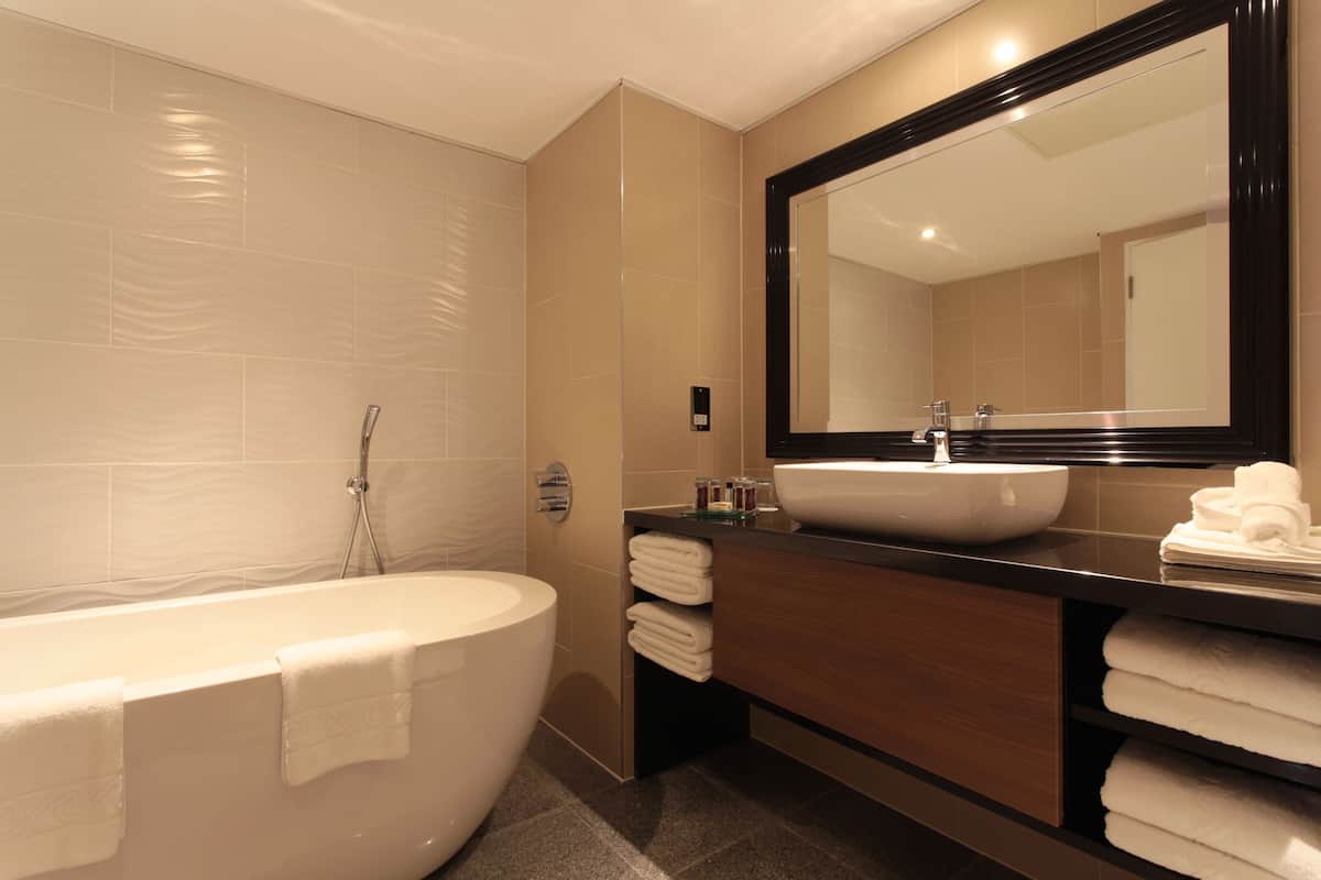 executive suite, 1 queen bed | bathroom | combined shower/bathtub, eco-friendly toiletries, hair dryer, towels