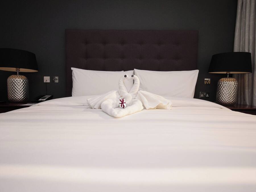 Habitación de hotel con una cama bien hecha, dos lámparas de noche y un cabecero oscuro.