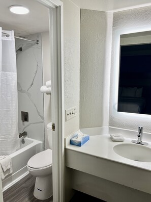 Bañera con ducha, artículos de tocador ecológicos, secador de pelo