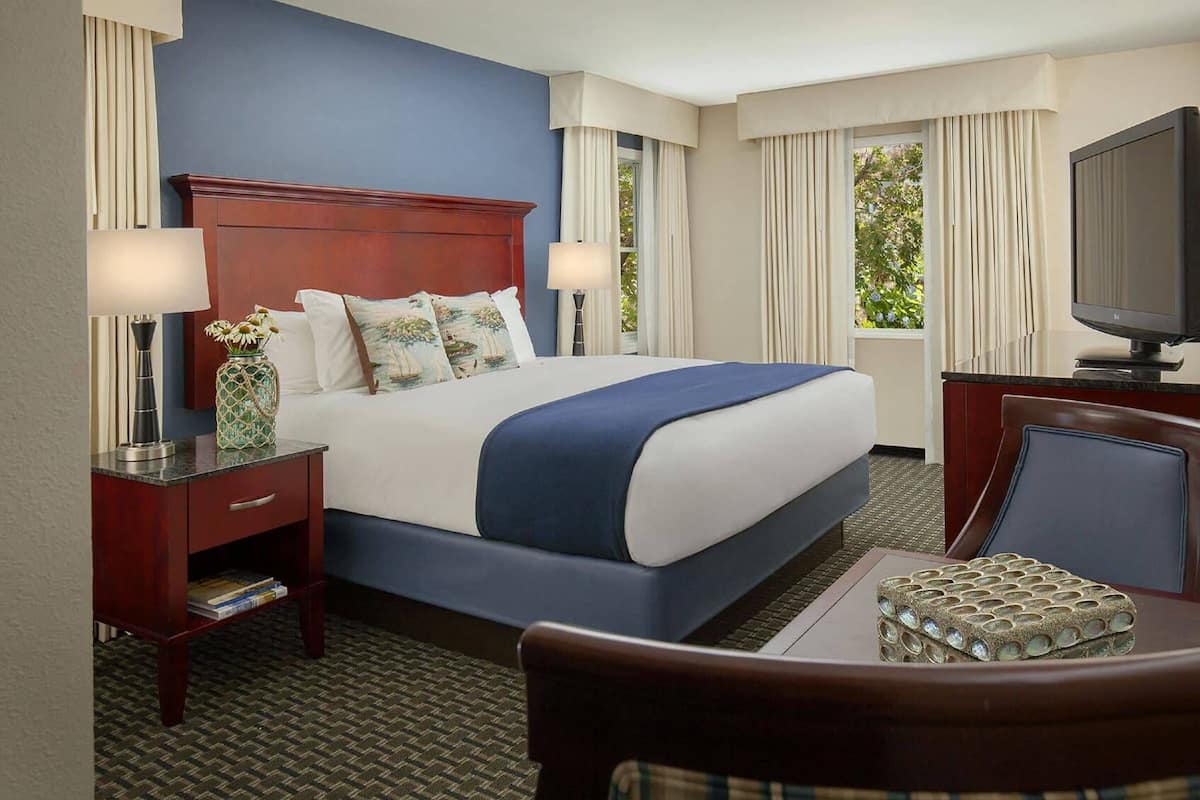 A hotel room with a bed, a desk, a chair, a television, and a window with curtains.