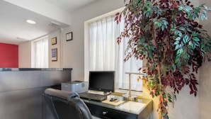 A modern office with a desk, computer, and chair. There is a plant on the wall and a window with curtains.