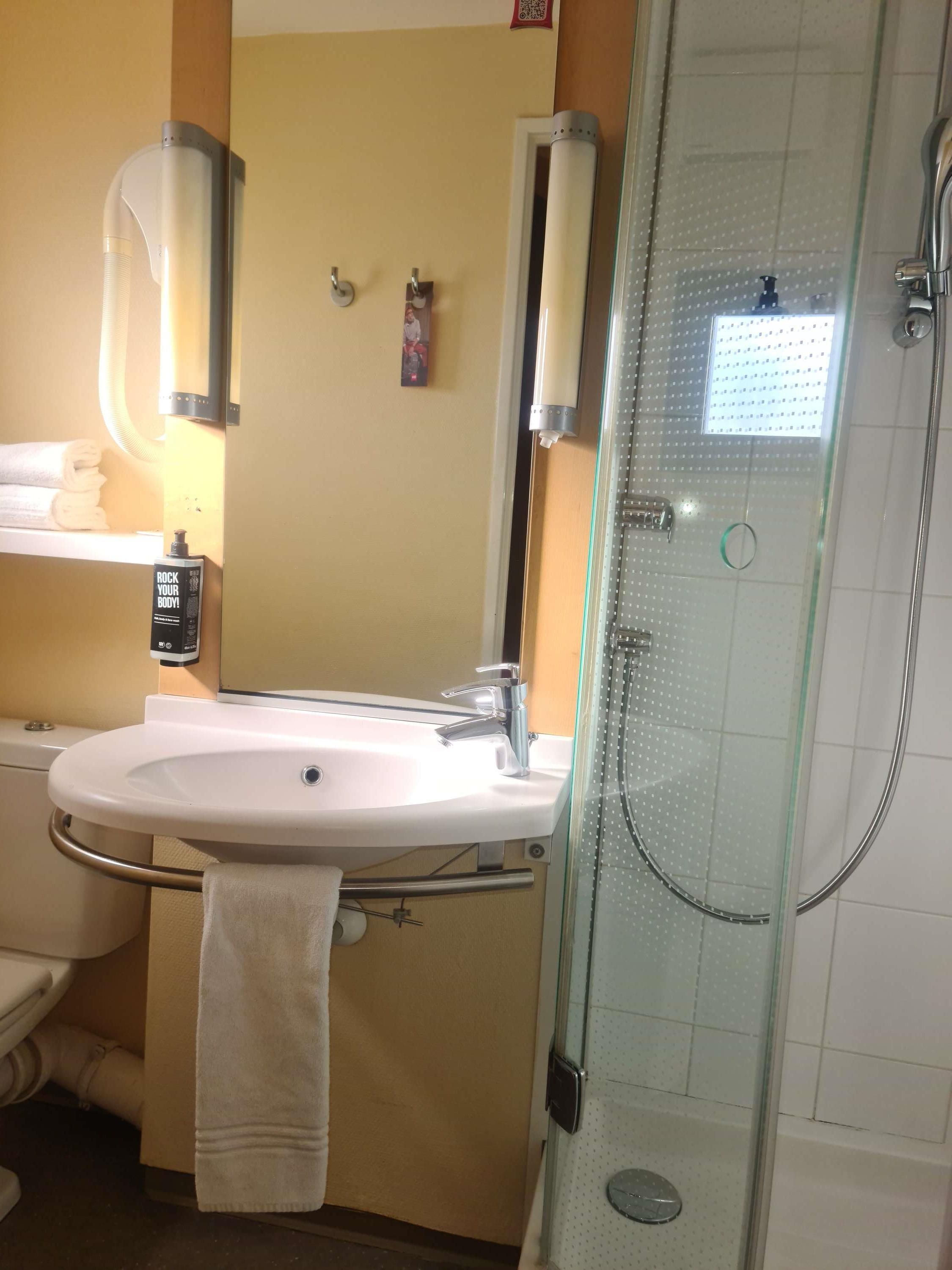Une salle de bain équipée d’un lavabo, d’un miroir, d’un porte-serviettes et d’une douche à parois de verre.