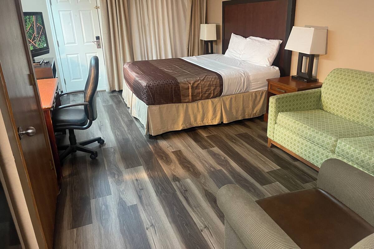 A hotel room with a bed, a green sofa, a desk with a chair, and a TV.