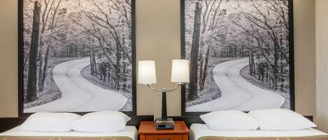 A hotel room with two beds, a nightstand with a lamp, and two large framed pictures of a snowy road.